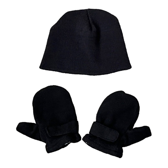 Toddler Kids Black Knit Beanie Hat & Mittens Set One Size - Picture 1 of 8